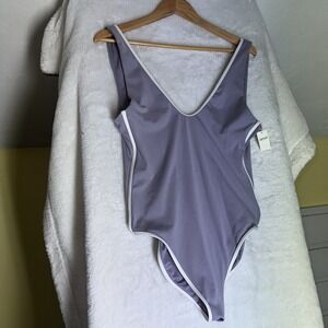 NEW Aerie One Piece Full Coverage Swimsuit Purple White‎ Trim L Swimwear Cheeky
